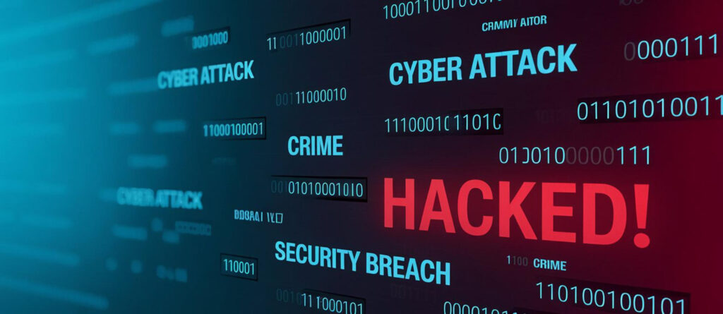 Ataque cibernético mostrando mensaje “Hacked” y códigos binarios, representando una brecha de seguridad informática