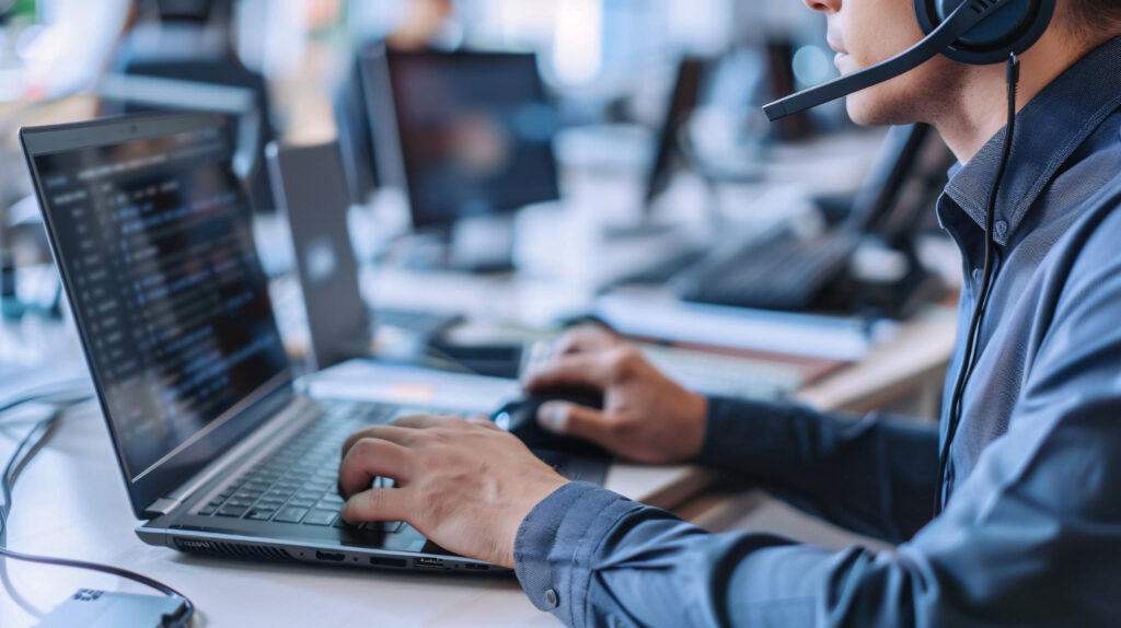 Especialista de soporte IT atendiendo incidencias informáticas y asistencia técnica empresarial